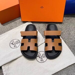Women’s Brown Leather Slide Sandals with Black Footbed